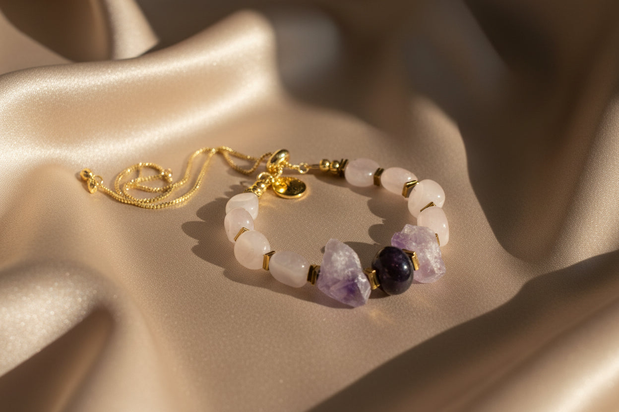 Rose Quartz & Dual Amethyst Bracelet