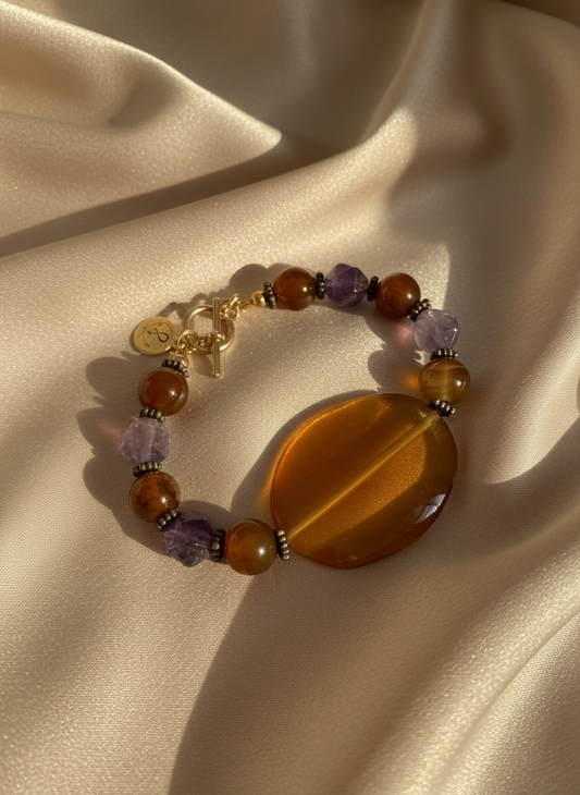 Soul Fusion” – Carnelian & Amethyst Statement Bracelet