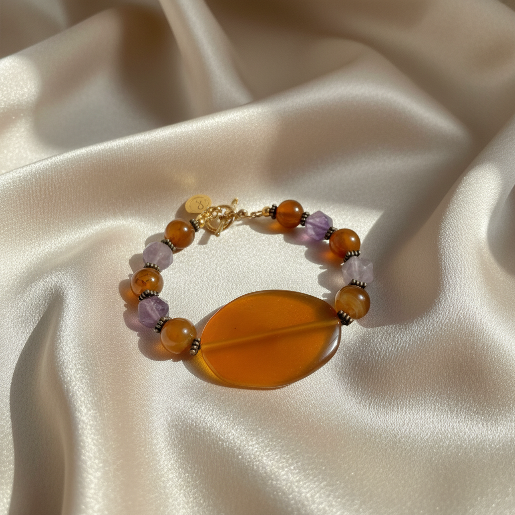 Soul Fusion” – Carnelian & Amethyst Statement Bracelet